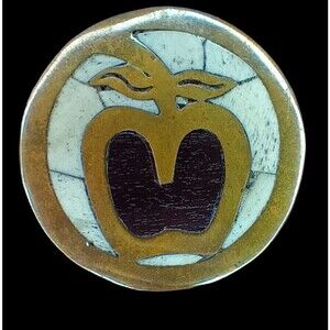 Vintage Apple Brass And Mosaic Inlaid Brooch Pendant Gold Red White
